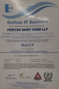Periyar Dairy Farm LLP HACCP certification for quality management of organic A2 milk products and ghee