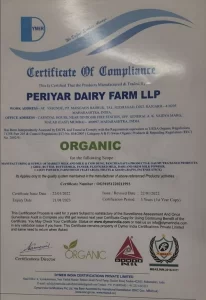 Periyar Dairy Farm LLP official organic certification for A2 milk and dairy products under USDA organic regulations